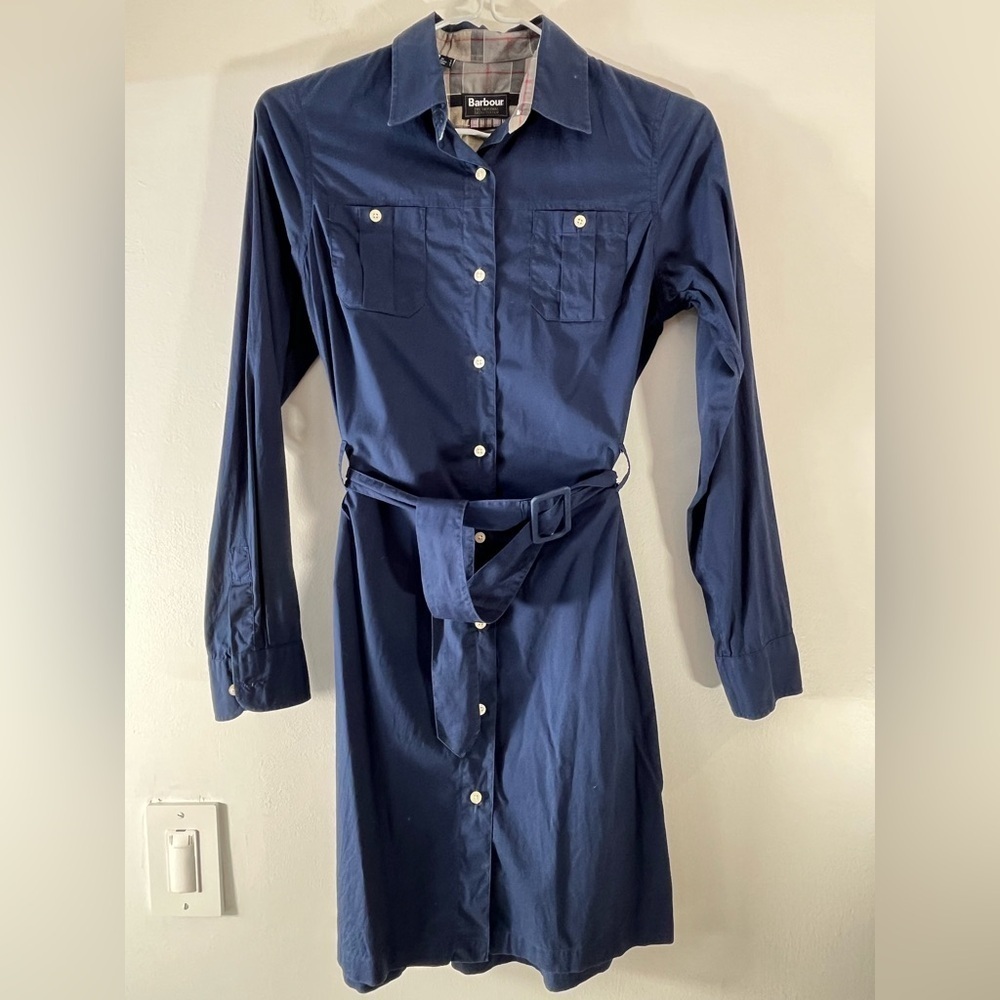 Barbour Women’s Size 4 Navy Felldune Shirt Dress Made in Portugal Cotton Belt